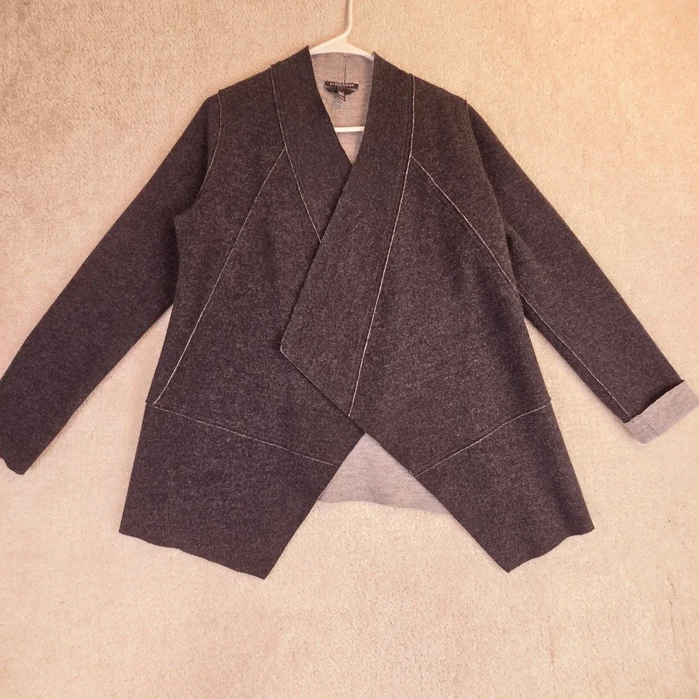Eileen Fisher Gray Merino Wool Open Front Wrap Cardigan PS PP